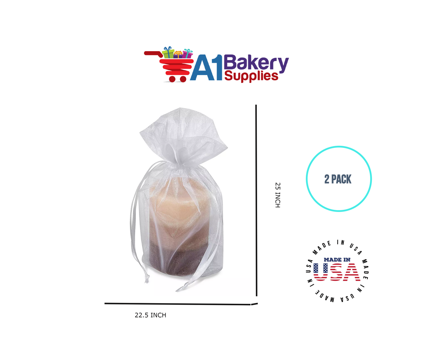 White Organza Fabric Gift Bags – Pack of 2 with Size 22.5 x 25 inch by A1 Bakery Supplies