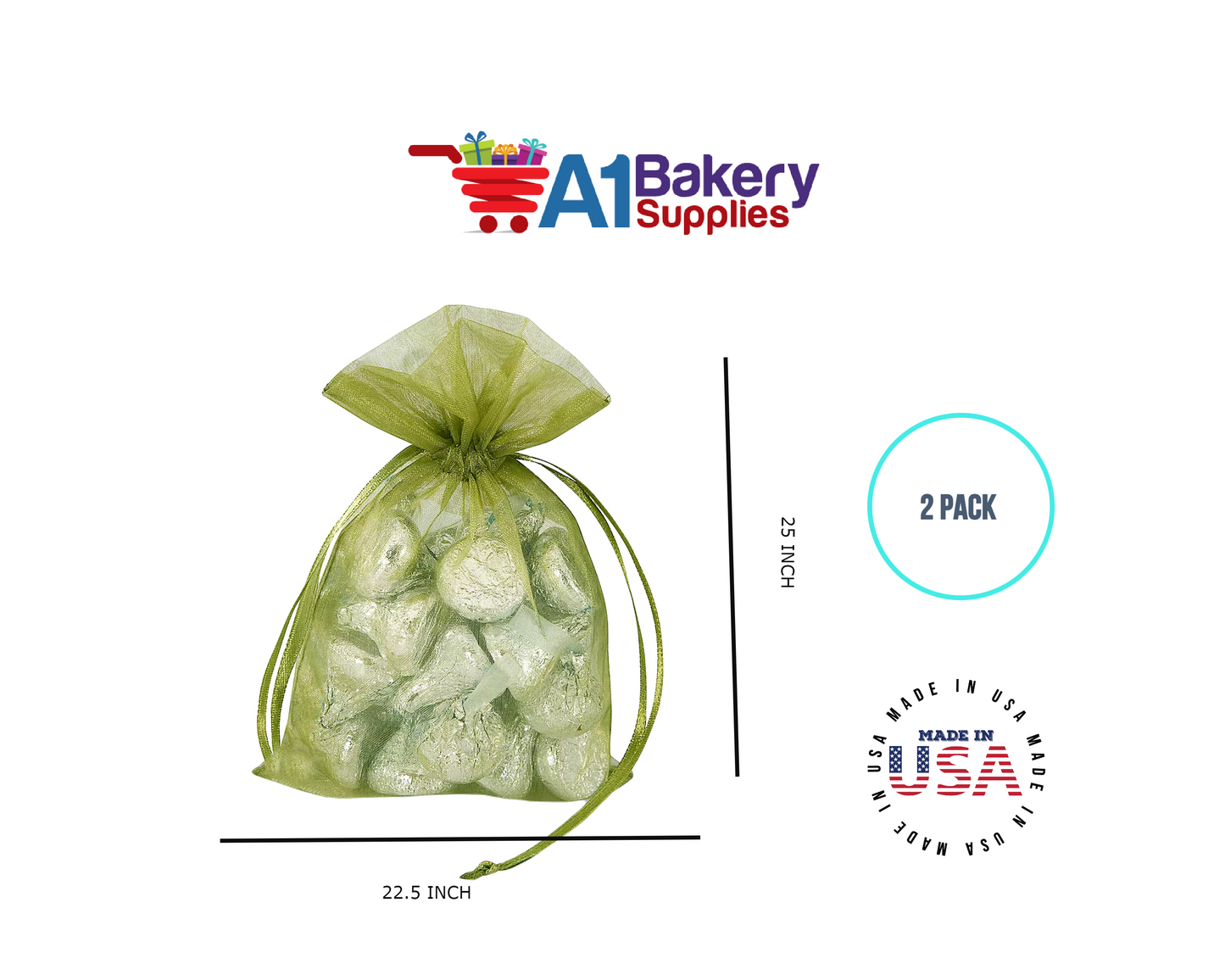 Moss Organza Fabric Gift Bags – Pack of 2 with Size 22.5 x 25 inch by A1 Bakery Supplies