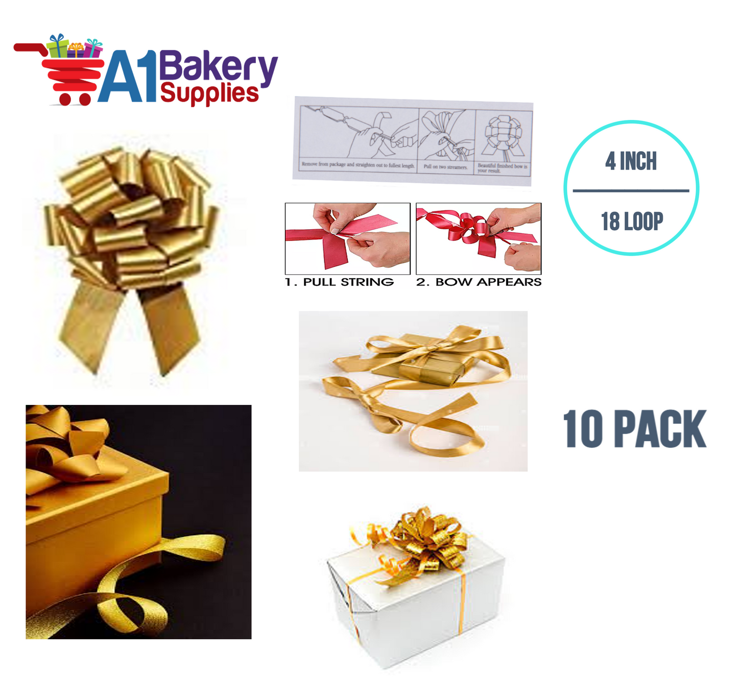 A1BakerySupplies 10 Pieces Pull Bow for Gift Wrapping Gift Bows Pull Bow With Ribbon for Wedding Gift Baskets, 4 Inch 18 Loop in Antique Gold Flora Satin Color