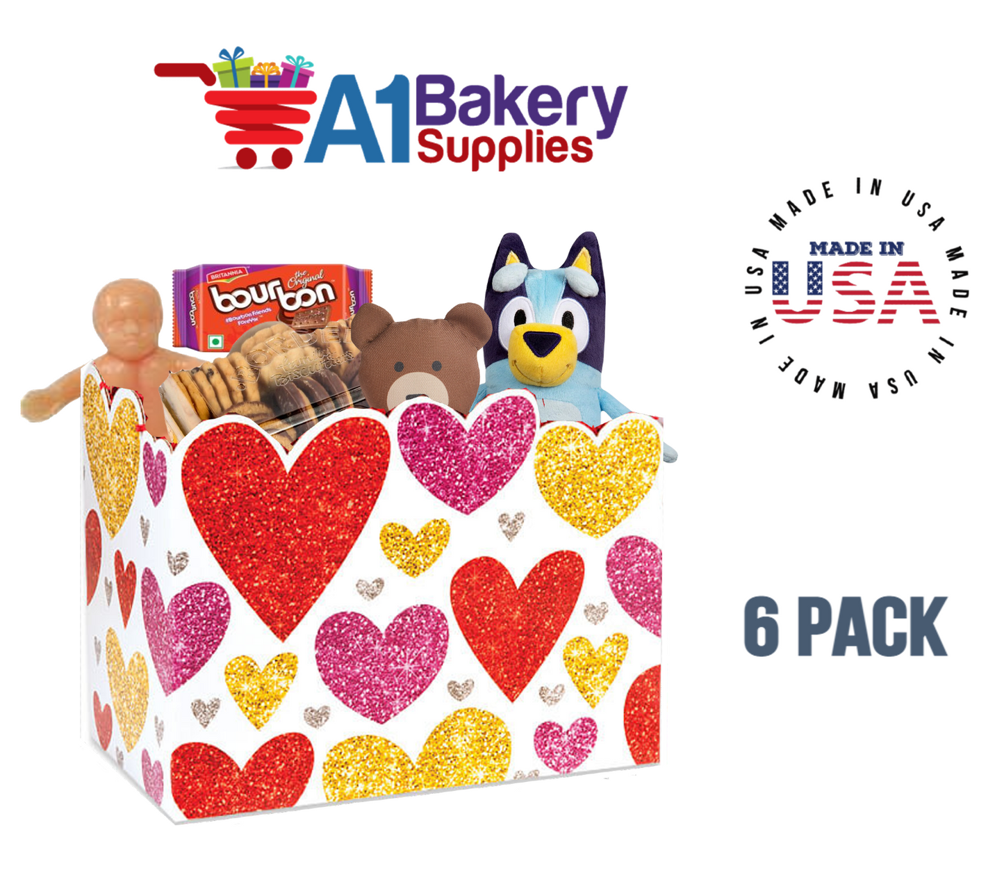 Glittering Hearts Basket Box, Theme Gift Box, Large 10.25 (Length) x 6 (Width) x 7.5 (Height), 6 Pack