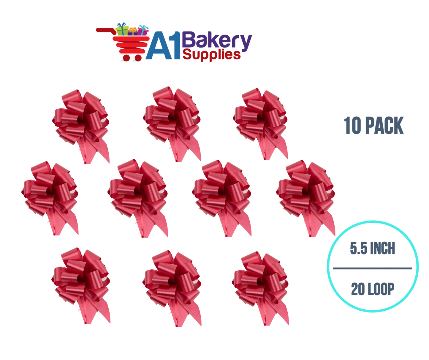 A1BakerySupplies 10 Pieces Pull Bow for Gift Wrapping Gift Bows Pull Bow With Ribbon for Wedding Gift Baskets, 5.5 Inch 20 Loop in Red Color