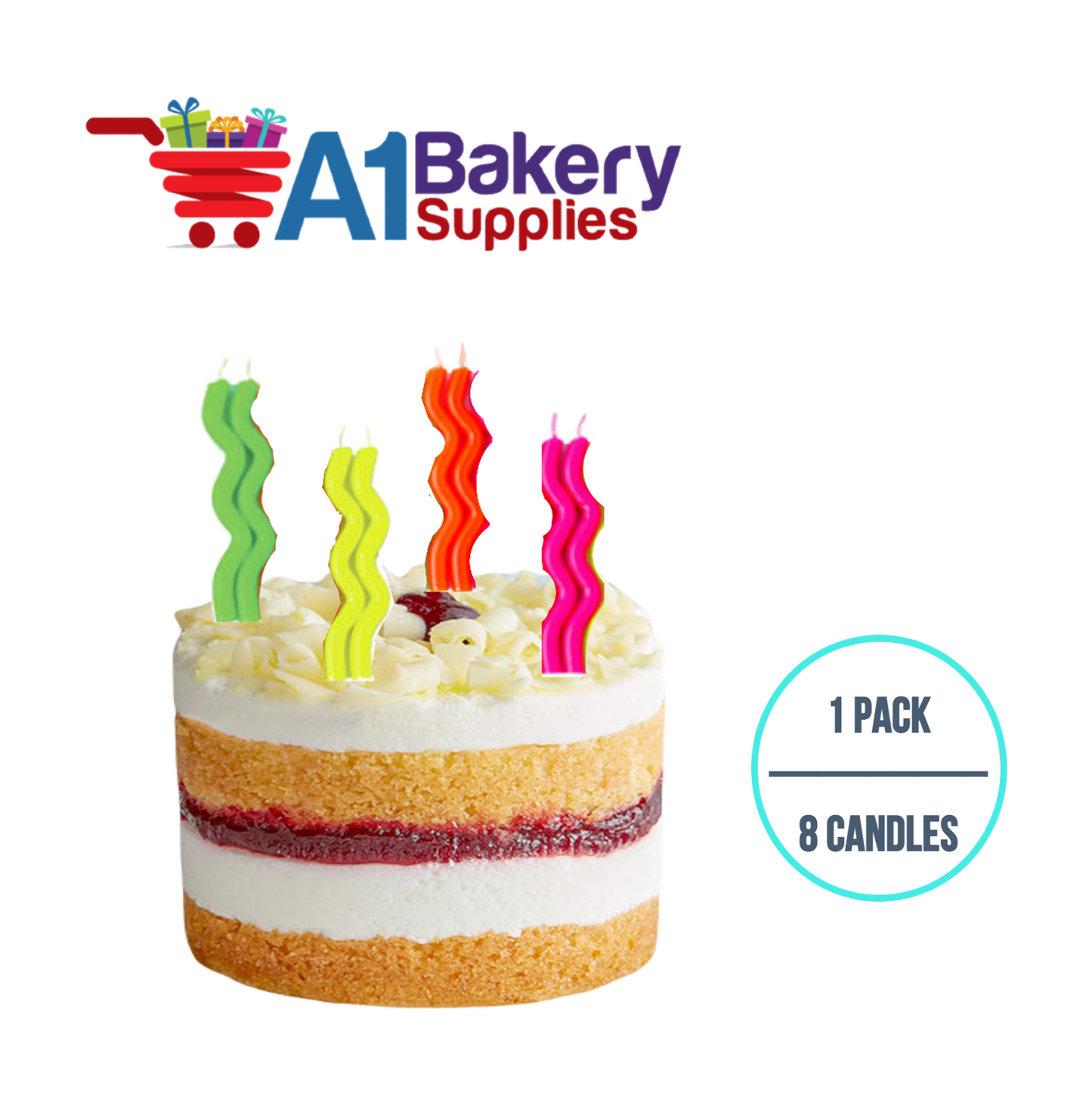 A1BakerySupplies Wavy Birthday Candles- Neon Asst 1 pack for Birthday Cake Decorations and Anniversary