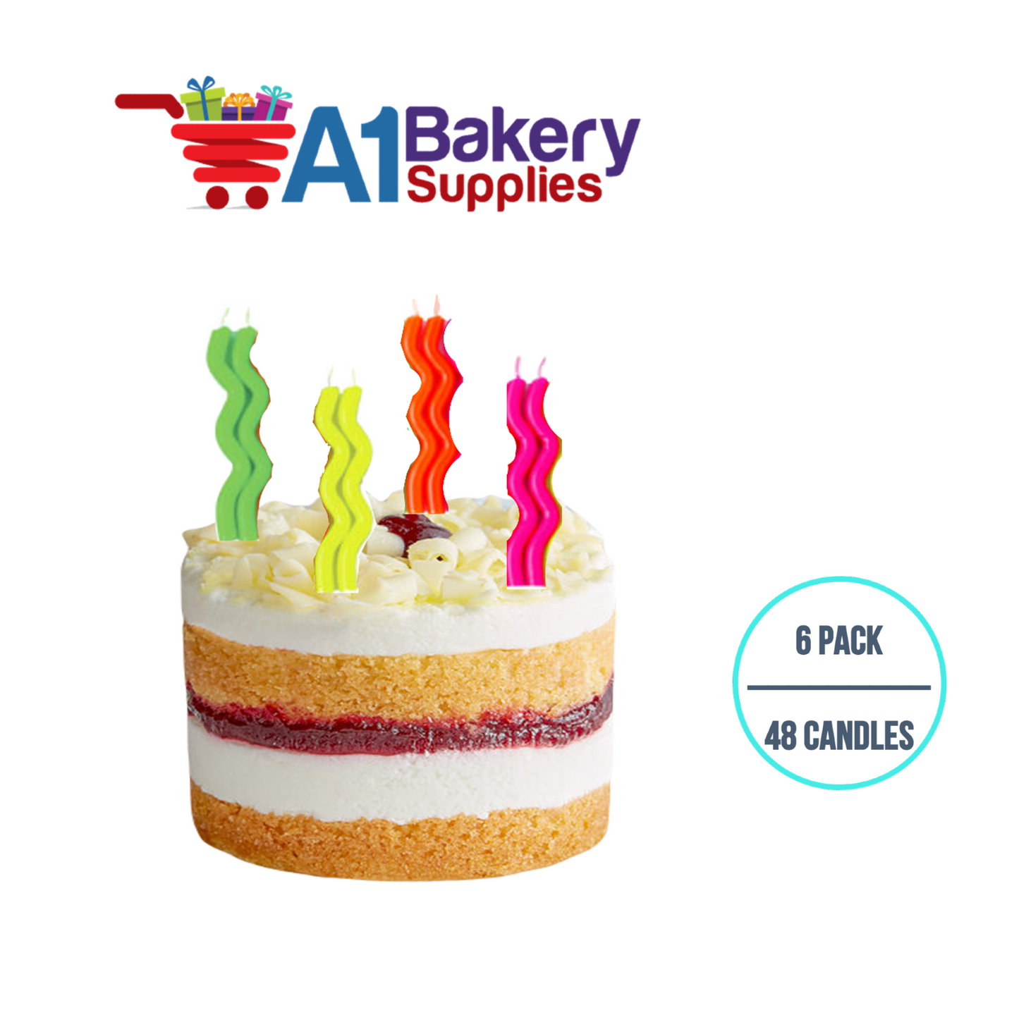 A1BakerySupplies Wavy Birthday Candles- Neon Asst 6 pack for Birthday Cake Decorations and Anniversary