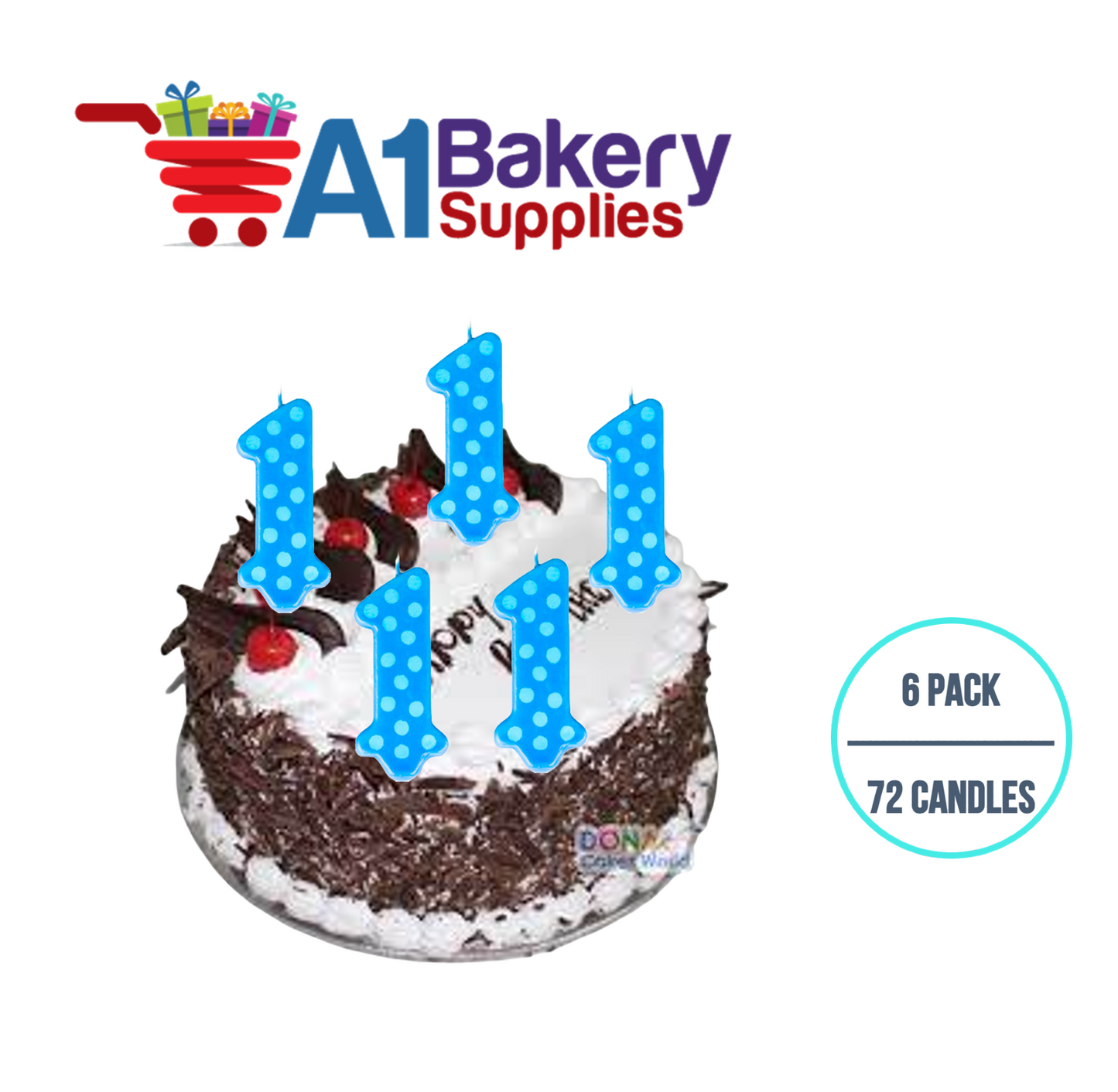 A1BakerySupplies 1st Birthday Polka Dot Candles - Blue Candles 6 pack for Birthday Cake Decorations and Anniversary