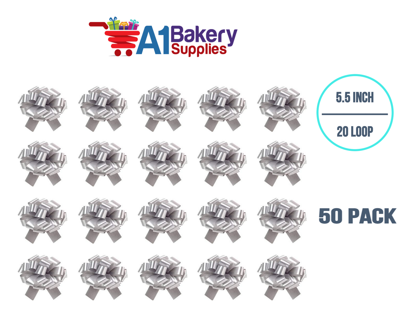 A1BakerySupplies 50 Pieces Pull Bow for Gift Wrapping Gift Bows Pull Bow With Ribbon for Wedding Gift Baskets, 5.5 Inch 20 Loop in Silver Color