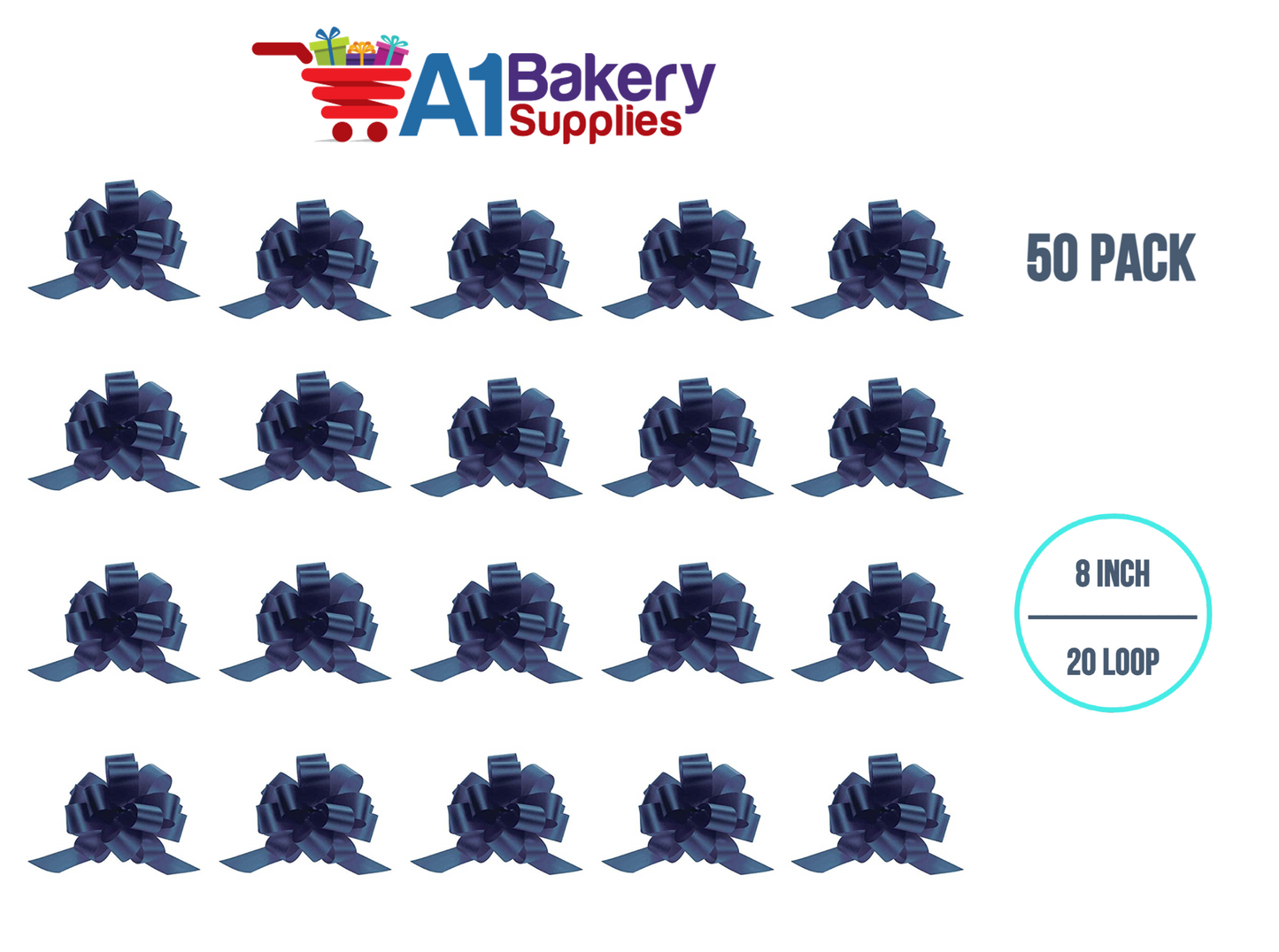 A1BakerySupplies 50 Pieces Pull Bow for Gift Wrapping Gift Bows Pull Bow With Ribbon for Wedding Gift Baskets, 8 Inch 20 Loop Navy Blue Flora Satin Color