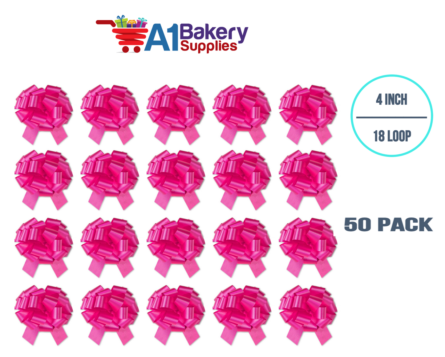 A1BakerySupplies 50 Pieces Pull Bow for Gift Wrapping Gift Bows Pull Bow With Ribbon for Wedding Gift Baskets, 4 Inch 18 Loop Pink Beauty Flora Satin Color