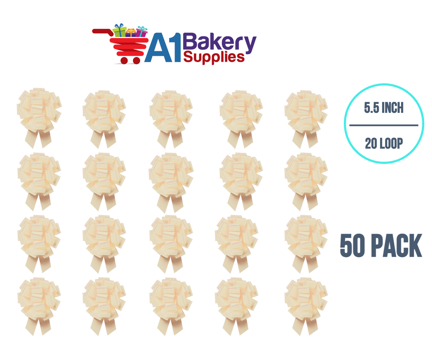 A1BakerySupplies 50 Pieces Pull Bow for Gift Wrapping Gift Bows Pull Bow With Ribbon for Wedding Gift Baskets, 5.5 Inch 20 Loop in Egg Shell Color