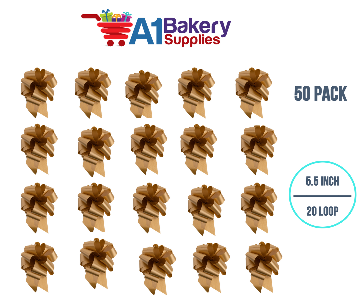 A1BakerySupplies 50 Pieces Pull Bow for Gift Wrapping Gift Bows Pull Bow With Ribbon for Wedding Gift Baskets, 5.5 Inch 20 Loop in Gold Color