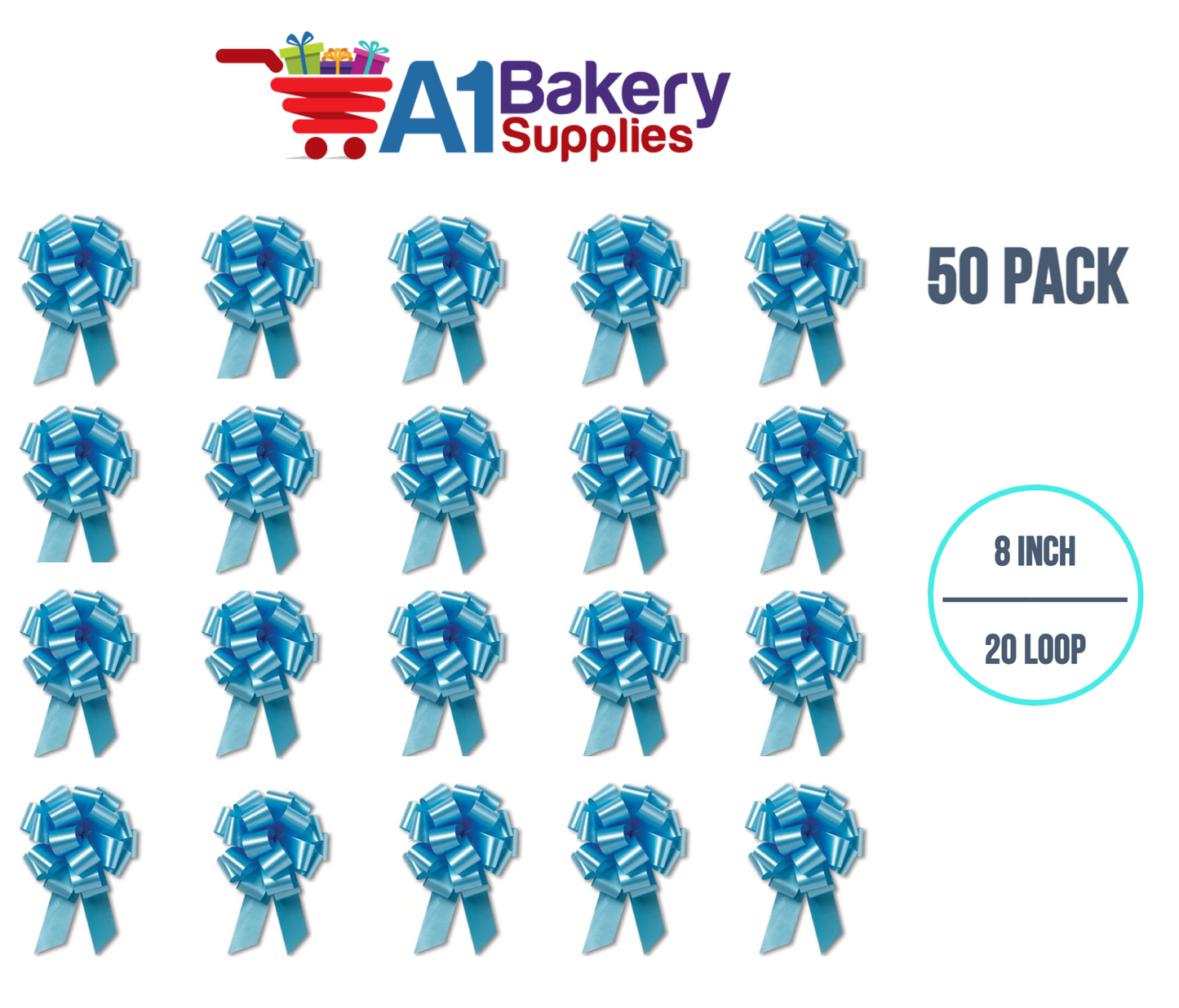 A1BakerySupplies 50 Pieces Pull Bow for Gift Wrapping Gift Bows Pull Bow With Ribbon for Wedding Gift Baskets, 8 Inch 20 Loop Light Blue Flora Satin Color