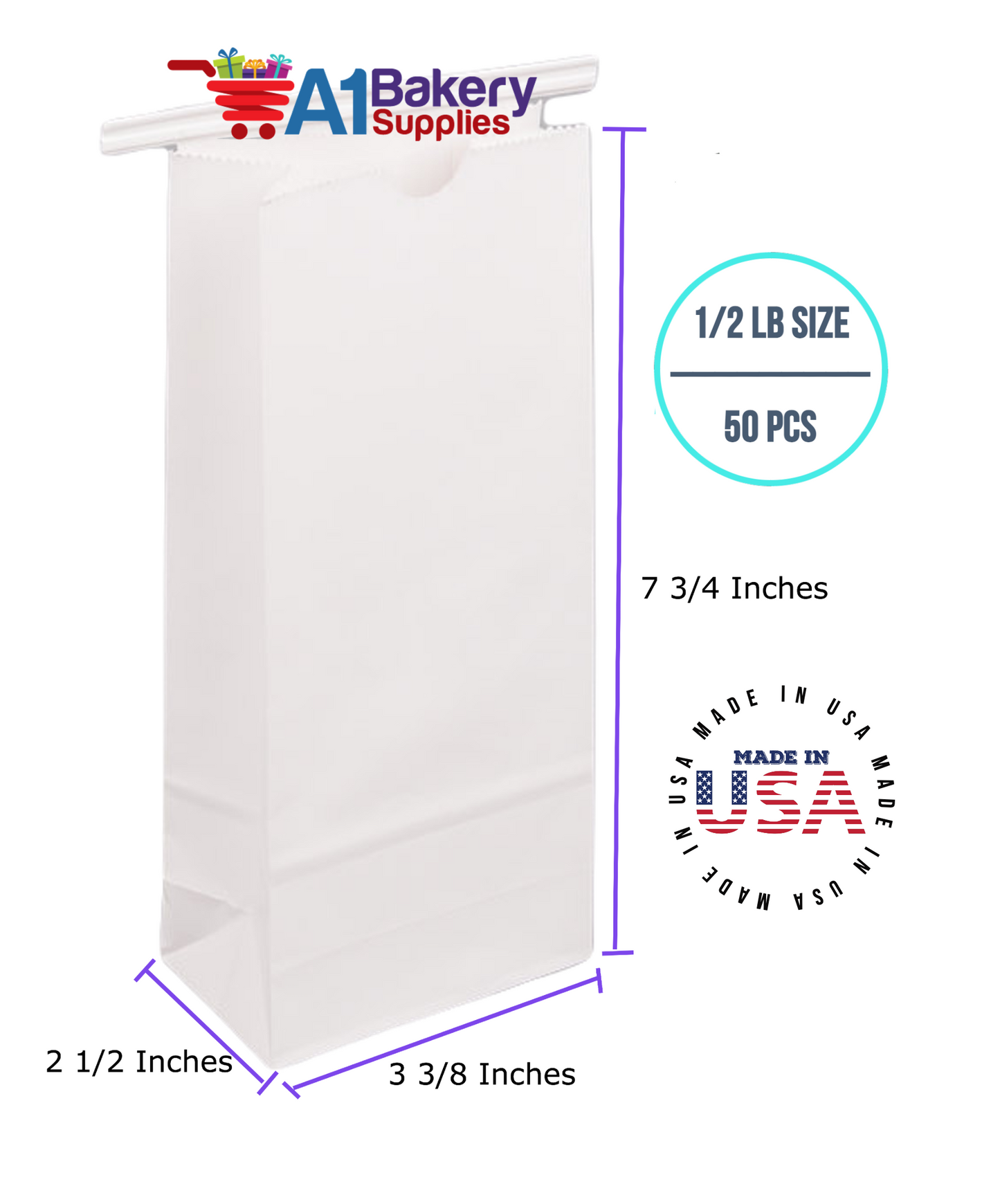 1/2 LB Size White No Window Tin Tie Bags 50 PCS White Bakery Bags with No Window Resealable Tin Tie Tab Lock Poly-Lined Bags White Paper Bags for Cookies, Coffee