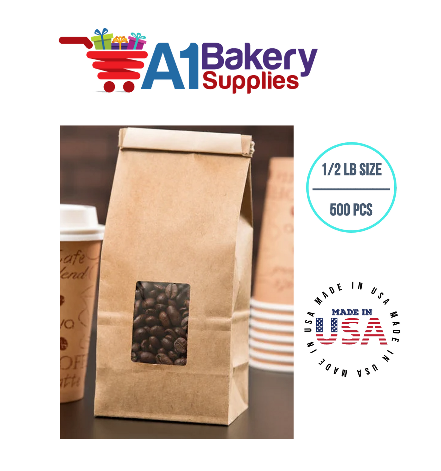 1/2 LB Size Brown Square Window Tin Tie Bags 500 PCS Kraft Bakery Bags with Square Window Resealable Tin Tie Tab Lock Poly-Lined Bags Brown Paper Bags for Cookies, Coffee