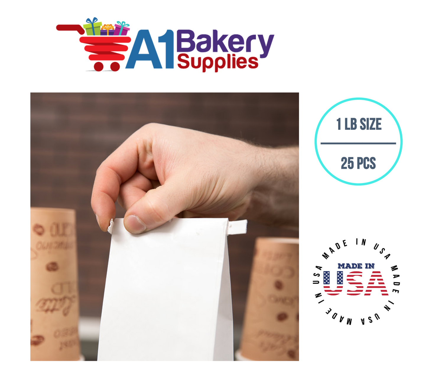 1 LB Size White No Window Tin Tie Bags 25 PCS White Bakery Bags with No Window Resealable Tin Tie Tab Lock Poly-Lined Bags White Paper Bags for Cookies, Coffee