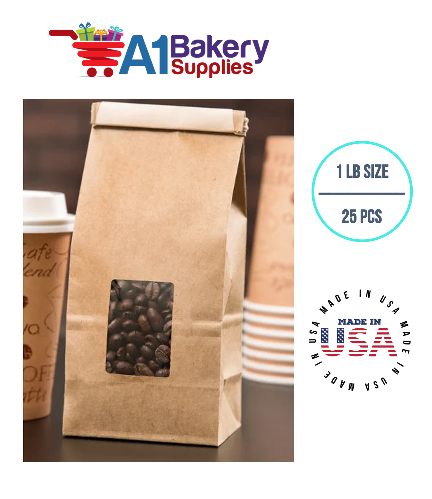 1 LB Size Brown Square Window Tin Tie Bags 25 PCS Kraft Bakery Bags with Square Window Resealable Tin Tie Tab Lock Poly-Lined Bags Kraft Paper Bags for Cookies, Coffee