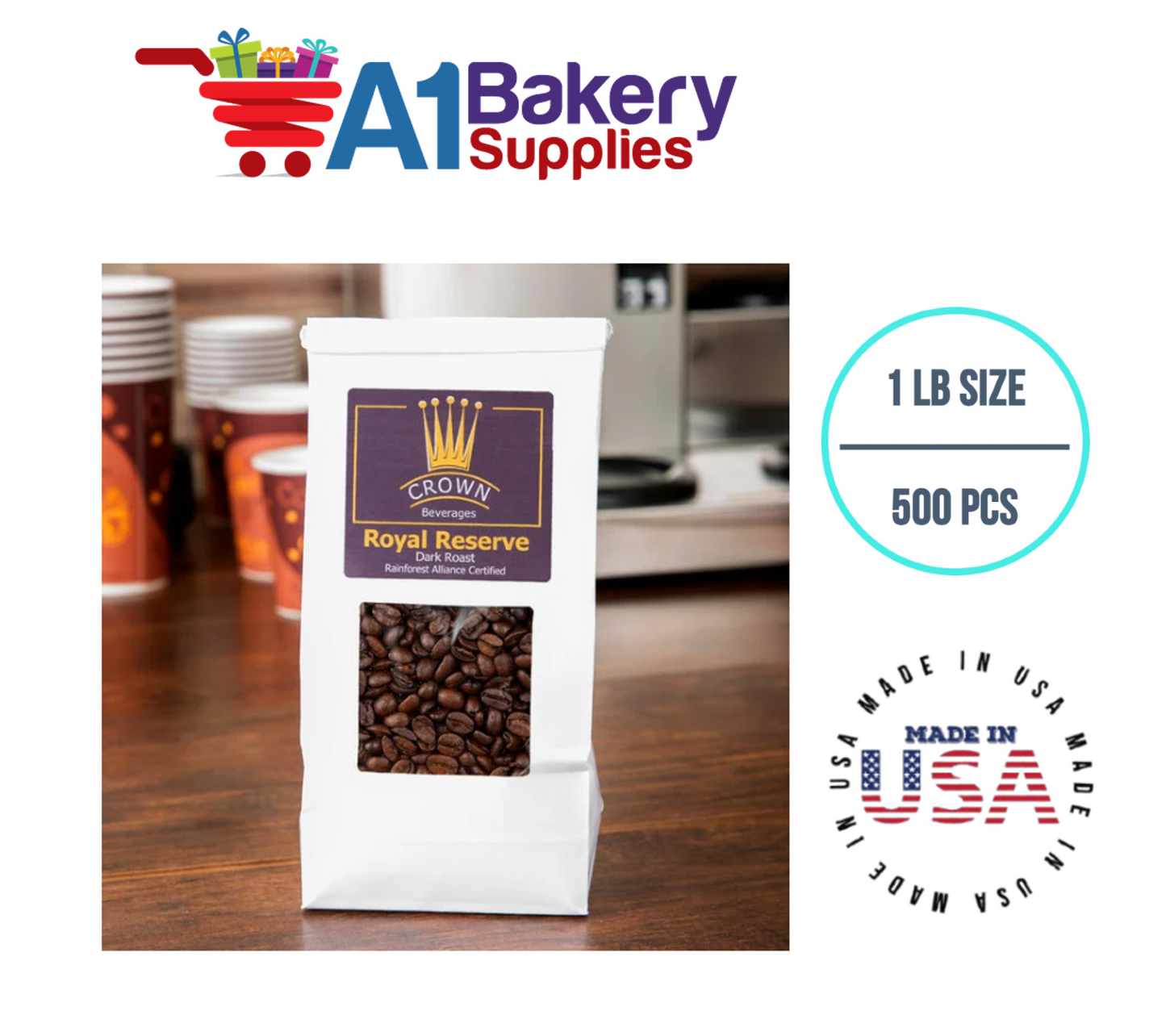 1 LB Size White Square Window Tin Tie Bags 500 PCS White Bakery Bags with Square Window Resealable Tin Tie Tab Lock Poly-Lined Bags White Paper Bags for Cookies, Coffee