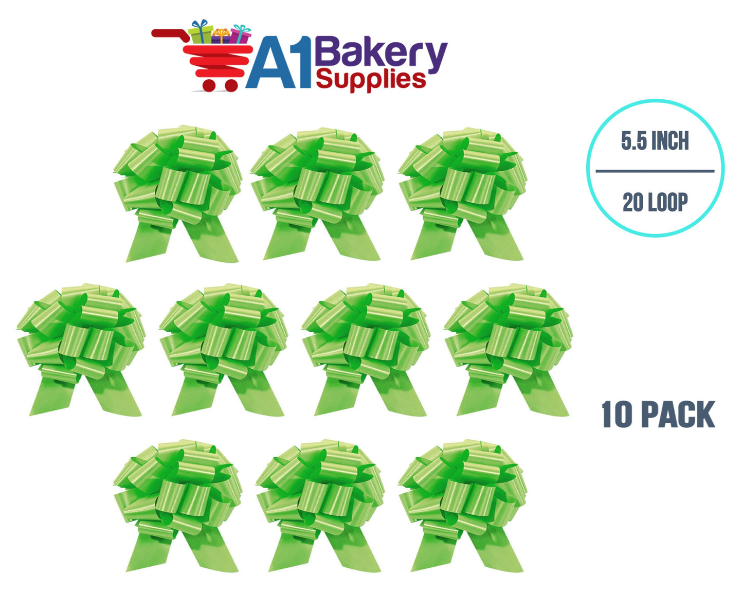 A1BakerySupplies 10 Pieces Pull Bow for Gift Wrapping Gift Bows Pull Bow With Ribbon for Wedding Gift Baskets, 5.5 Inch 20 Loop in Citrus Green Color