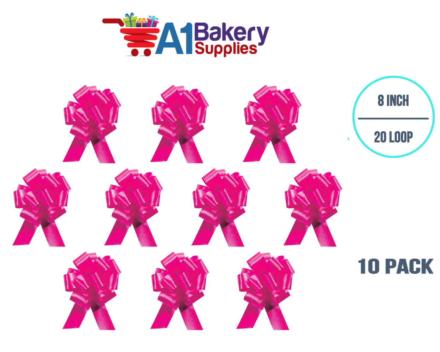 A1BakerySupplies 10 Pieces Pull Bow for Gift Wrapping Gift Bows Pull Bow With Ribbon for Wedding Gift Baskets, 8 Inch 20 Loop in Pink Beauty Flora Satin Color