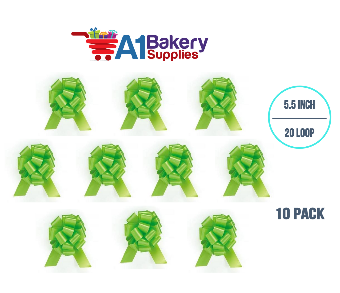 A1BakerySupplies 10 Pieces Pull Bow for Gift Wrapping Gift Bows Pull Bow With Ribbon for Wedding Gift Baskets, 5.5 Inch 20 Loop in Lime Green Color