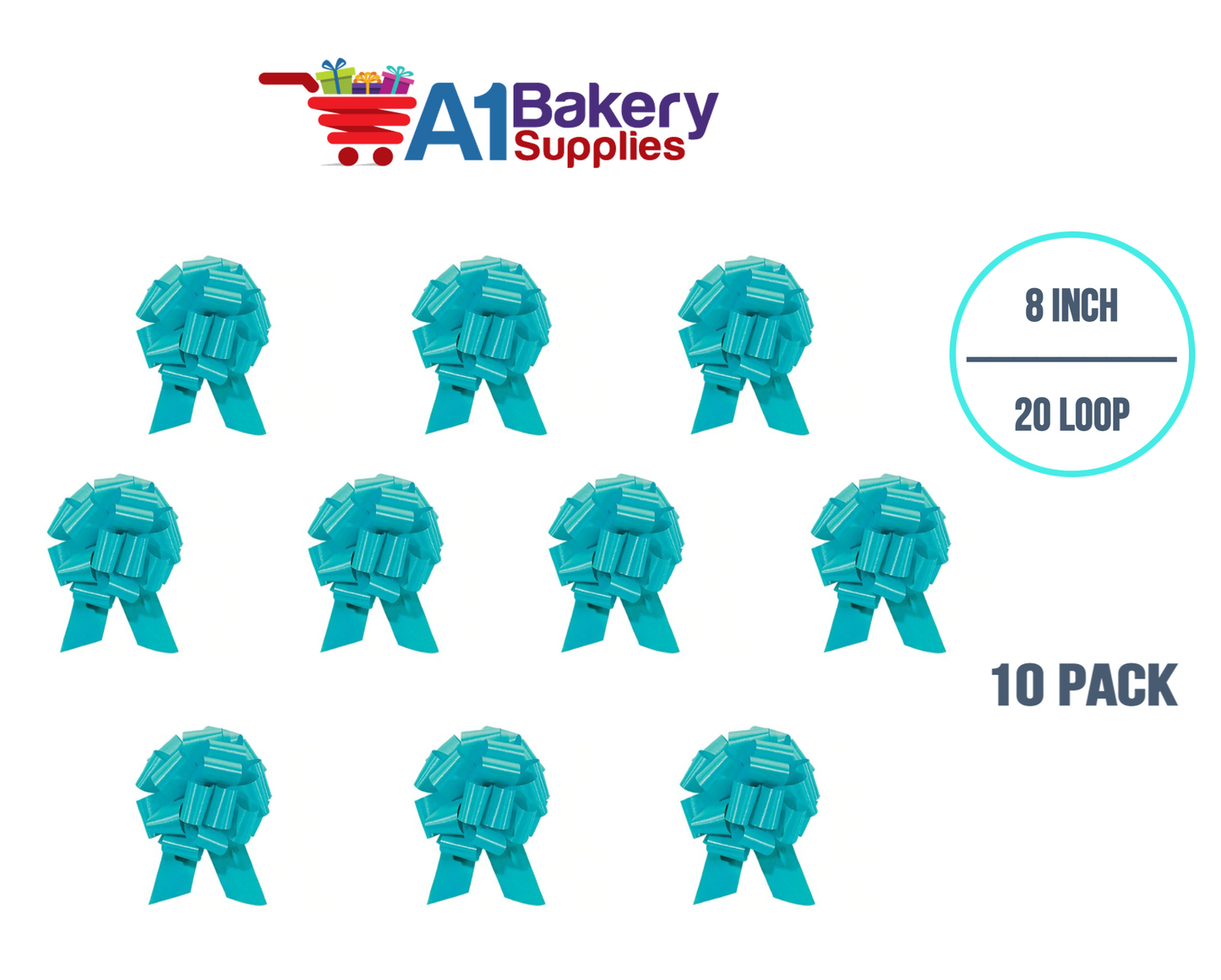 A1BakerySupplies 10 Pieces Pull Bow for Gift Wrapping Gift Bows Pull Bow With Ribbon for Wedding Gift Baskets, 8 Inch 20 Loop Turquoise Flora Satin Color