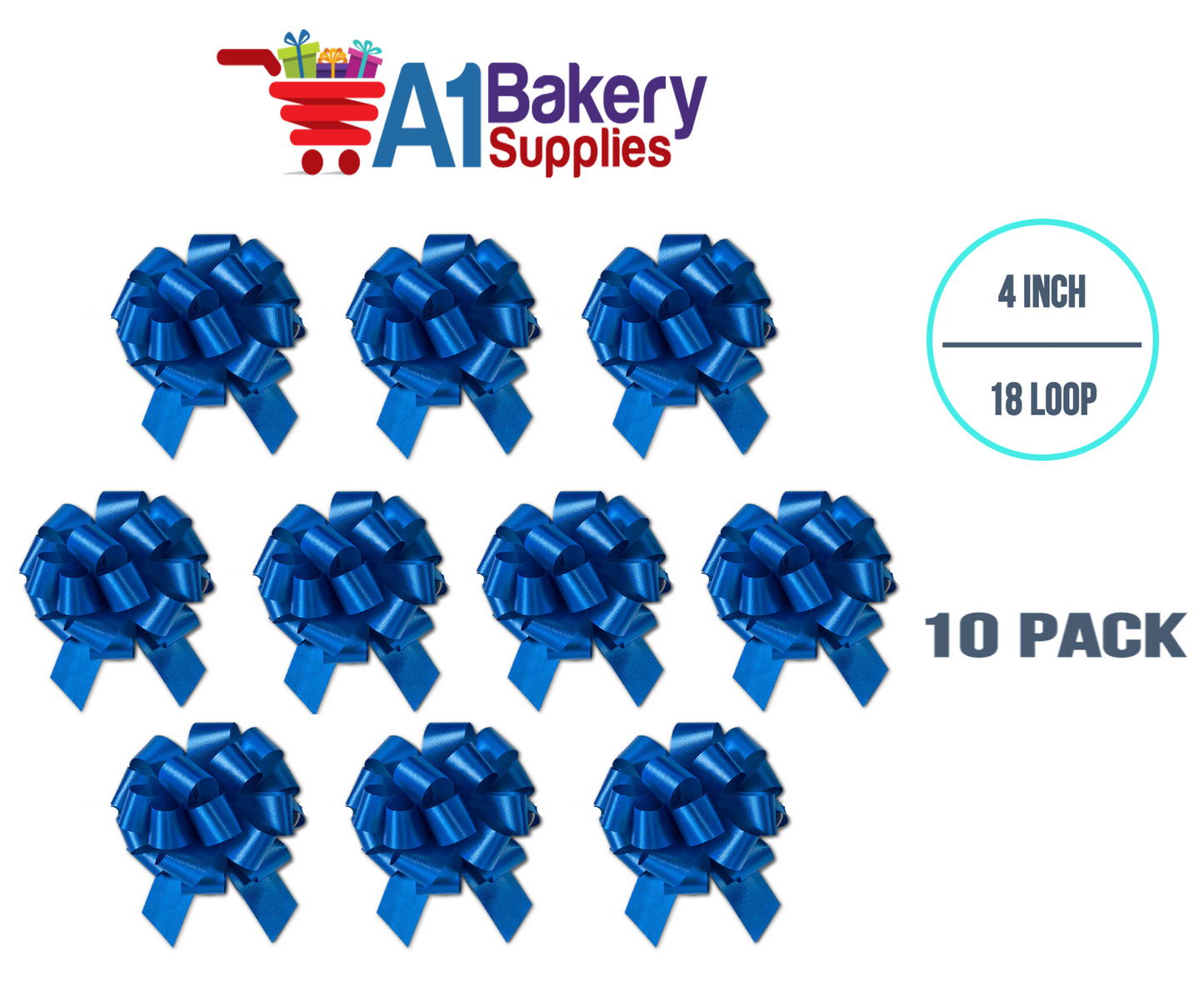 A1BakerySupplies 10 Pieces Pull Bow for Gift Wrapping Gift Bows Pull Bow With Ribbon for Wedding Gift Baskets, 4 Inch 18 Loop Royal Blue Flora Satin Color