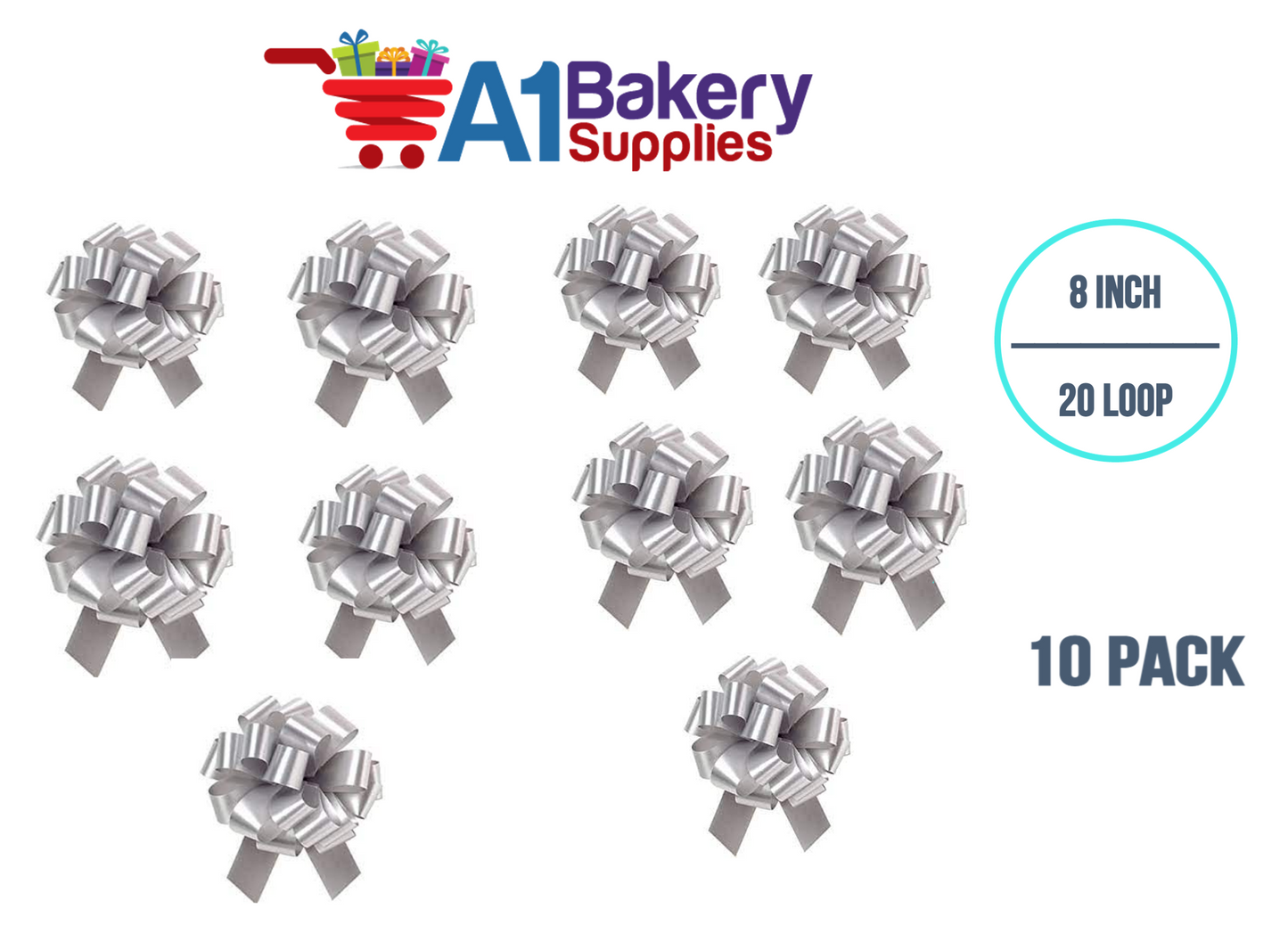 A1BakerySupplies 10 Pieces Pull Bow for Gift Wrapping Gift Bows Pull Bow With Ribbon for Wedding Gift Baskets, 8 Inch 20 Loop in Silver Color