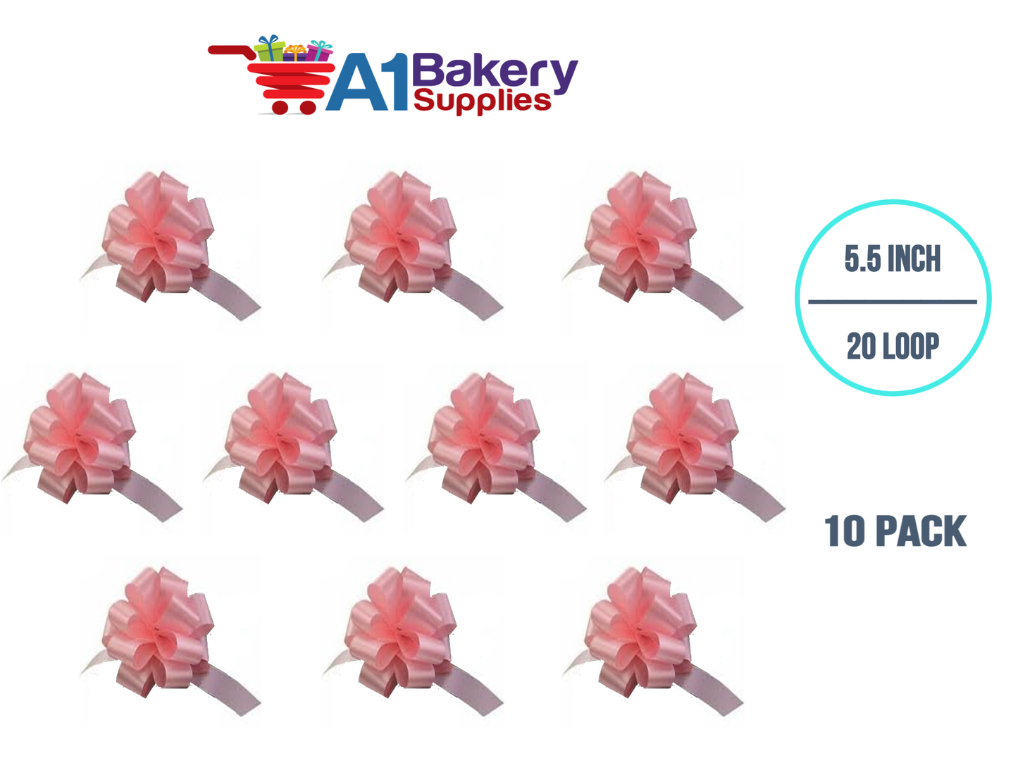 A1BakerySupplies 10 Pieces Pull Bow for Gift Wrapping Gift Bows Pull Bow With Ribbon for Wedding Gift Baskets, 5.5 Inch 20 Loop in Pink Color