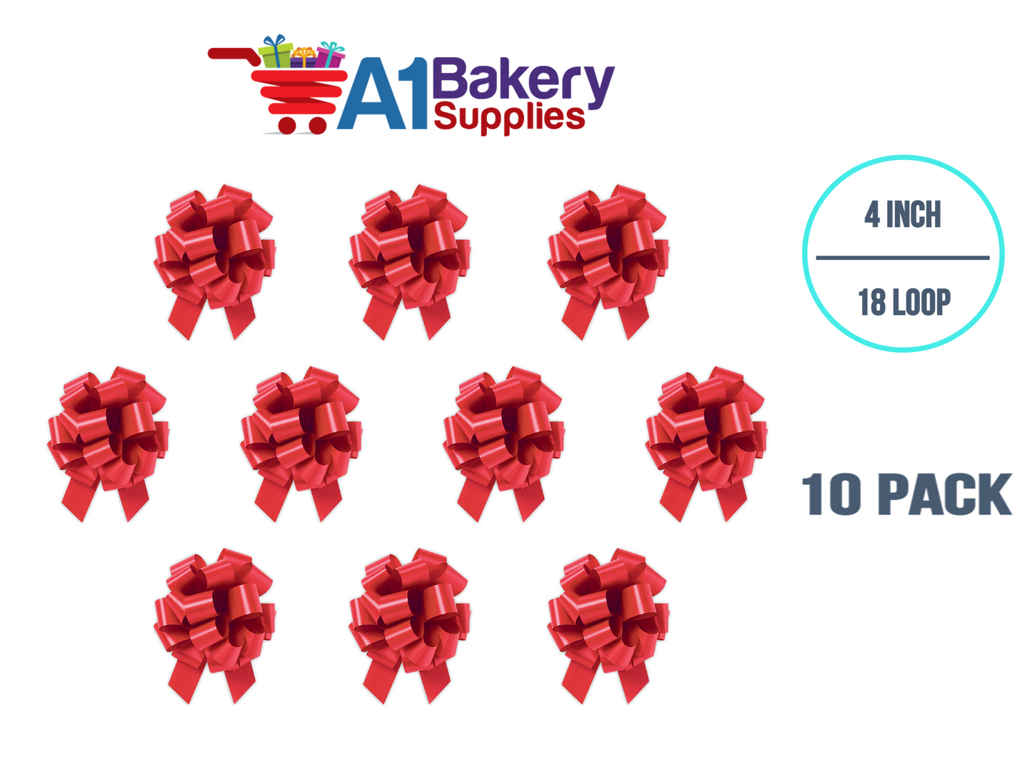 A1BakerySupplies 10 Pieces Pull Bow for Gift Wrapping Gift Bows Pull Bow With Ribbon for Wedding Gift Baskets, 4 Inch 18 Loop in Hot Red Flora Satin Color