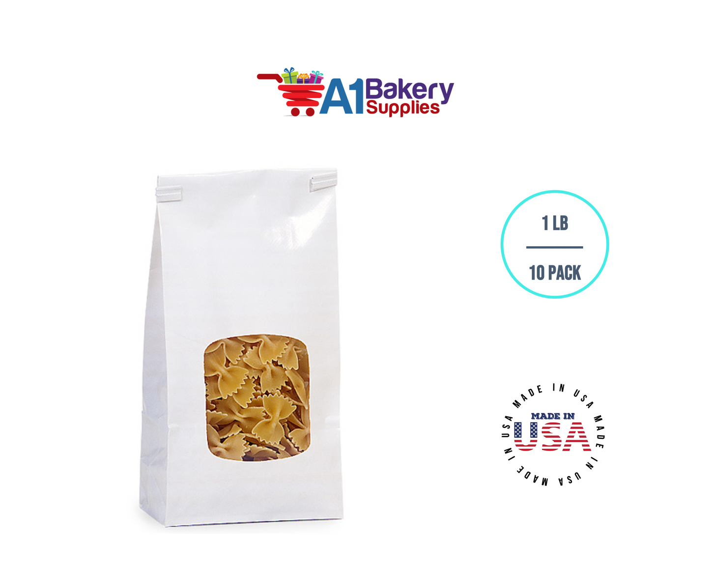 1 LB White Poly-Lined Reclosable Tin Tie Bags Window - 10 Pack