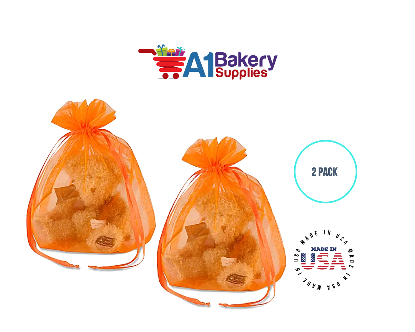 Orange Organza Fabric Gift Bags – Pack of 2 with Size 22.5 x 25 inch by A1 Bakery Supplies