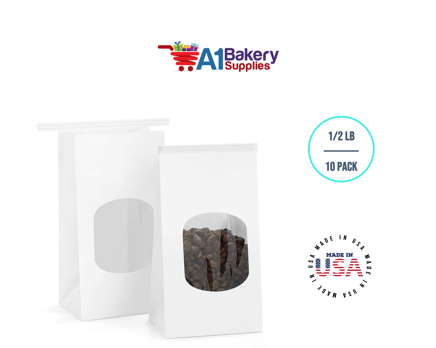 1/2 LB White Poly-Lined Reclosable Tin Tie Bags Window - 10 Pack