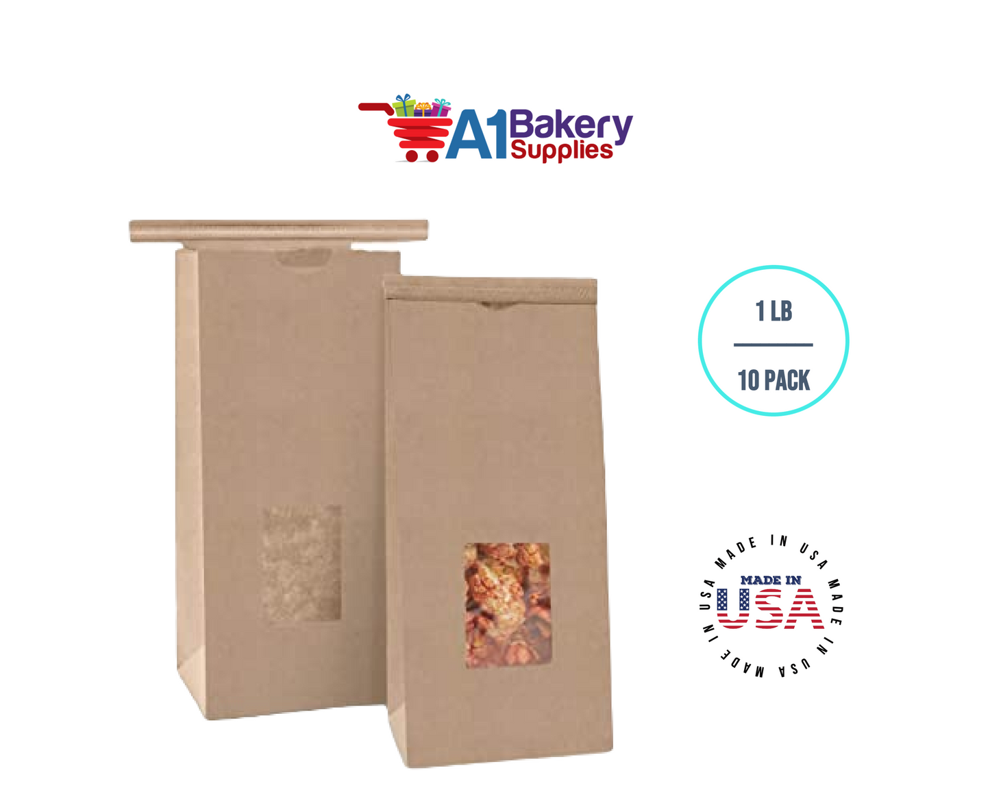 1 LB Kraft Poly-Lined Reclosable Tin Tie Bags Window - 10 Pack