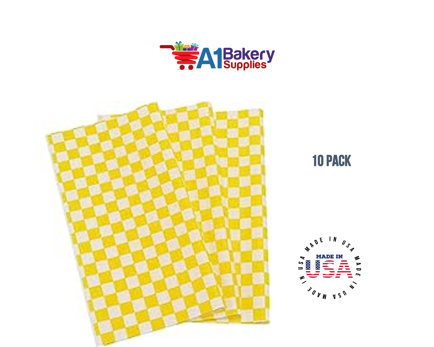 Deli Sandwich Wraps Basket Liners and Food Wrapping Liner Papers by A1 Bakery Supplies of 10 pack (Yellow Checked)