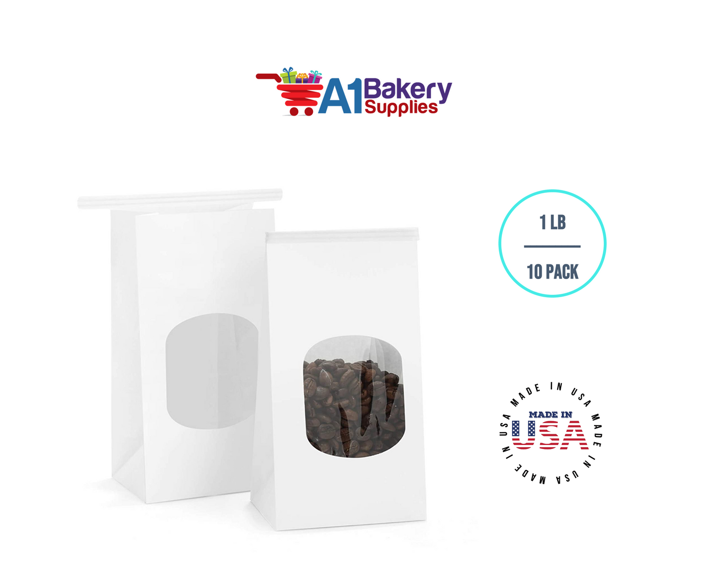 1 LB White Poly-Lined Reclosable Tin Tie Bags Window - 10 Pack