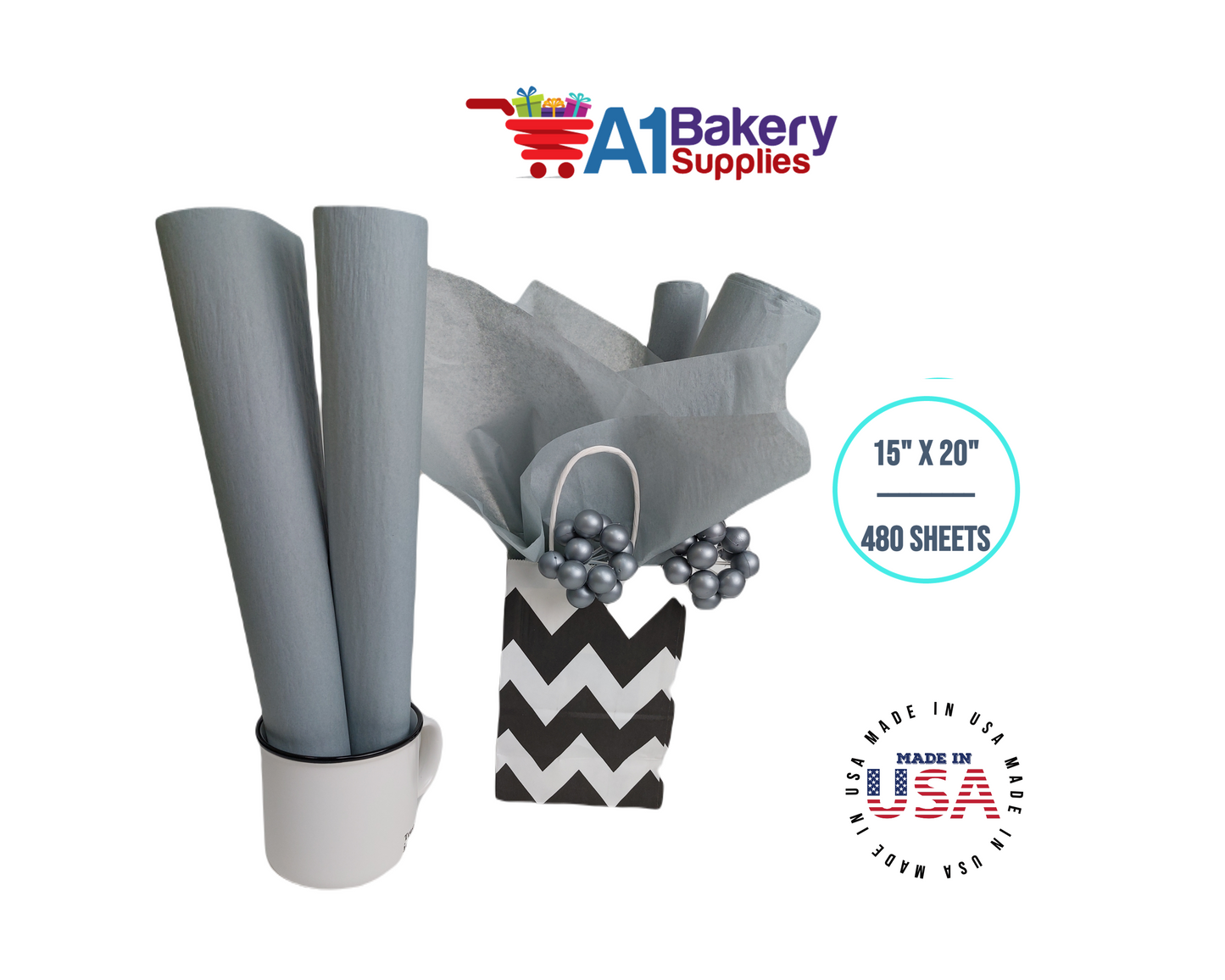 Gray Tissue Paper Squares, Bulk 480 Sheets, Premium Gift Wrap and Art Supplies for Birthdays, Holidays, or Presents by A1BakerySupplies, Large 15 Inch x 20 Inch