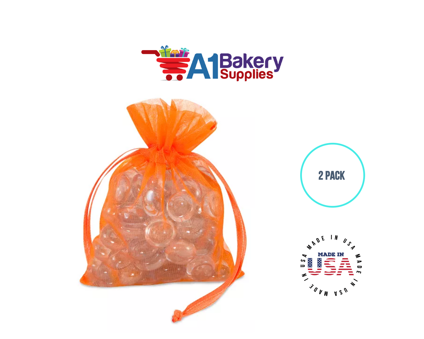 Orange Organza Fabric Gift Bags – Pack of 2 with Size 22.5 x 25 inch by A1 Bakery Supplies