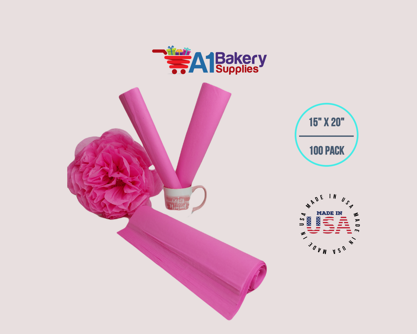 Fuchsia PinkTissue Paper Squares, Bulk 100 Sheets, Premium Gift Wrap and Art Supplies for Birthdays, Holidays, or Presents by A1BakerySupplies, Large 15 Inch x 20 Inch