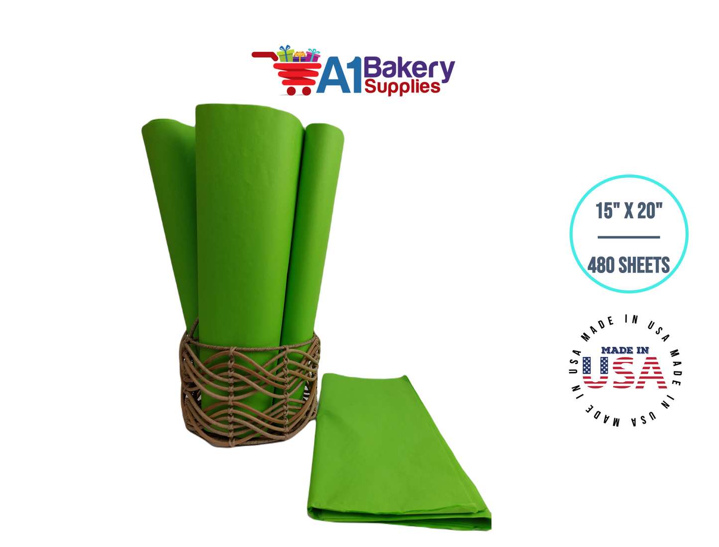 Bright Lime High Quality Gift Wrap Color Tissue Paper - Made in USA 15 Inch x 20 Inch - 480 Sheets per Pack