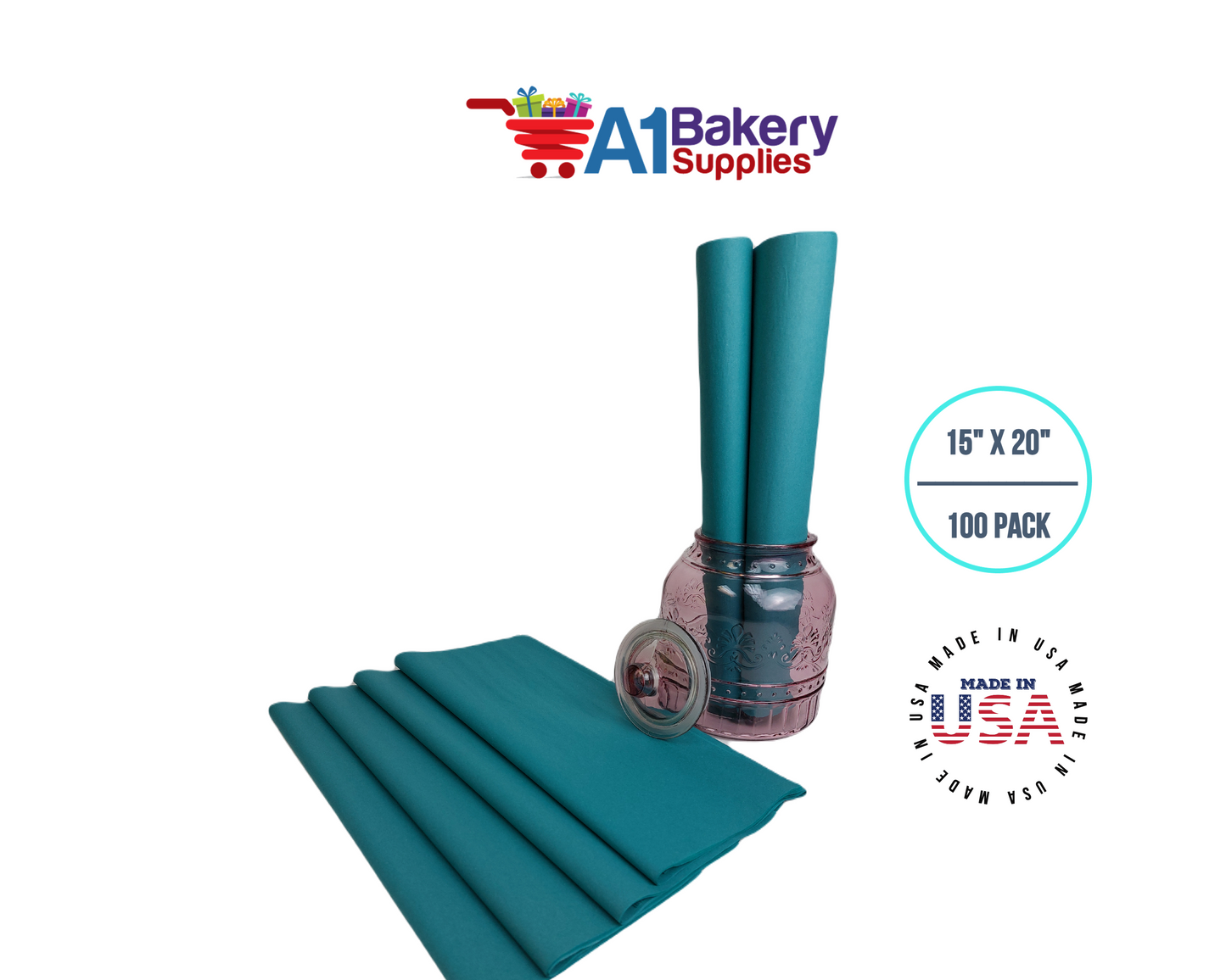 Teal Tissue Paper Squares, Bulk 100 Sheets, Premium Gift Wrap and Art Supplies for Birthdays, Holidays, or Presents by A1BakerySupplies, Medium 15 Inch x 20 Inch