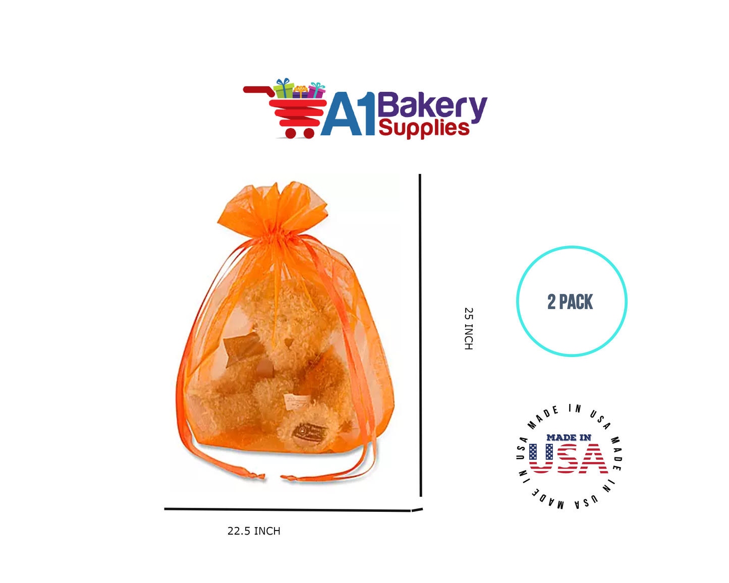 Orange Organza Fabric Gift Bags – Pack of 2 with Size 22.5 x 25 inch by A1 Bakery Supplies