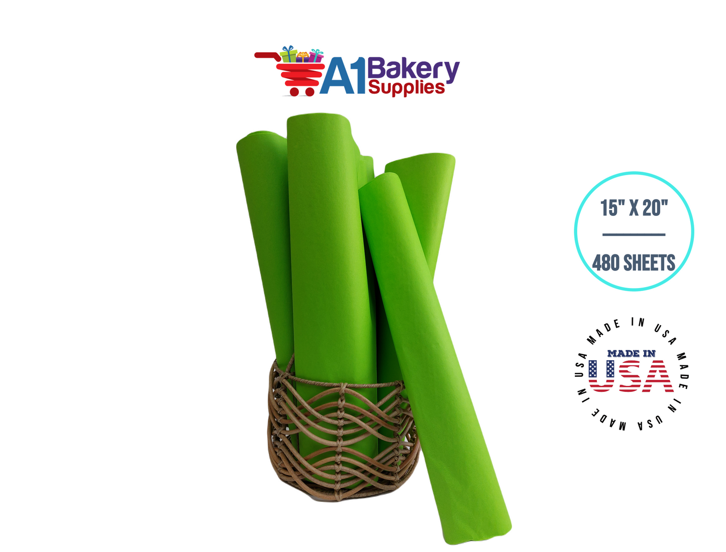 Bright Lime High Quality Gift Wrap Color Tissue Paper - Made in USA 15 Inch x 20 Inch - 480 Sheets per Pack