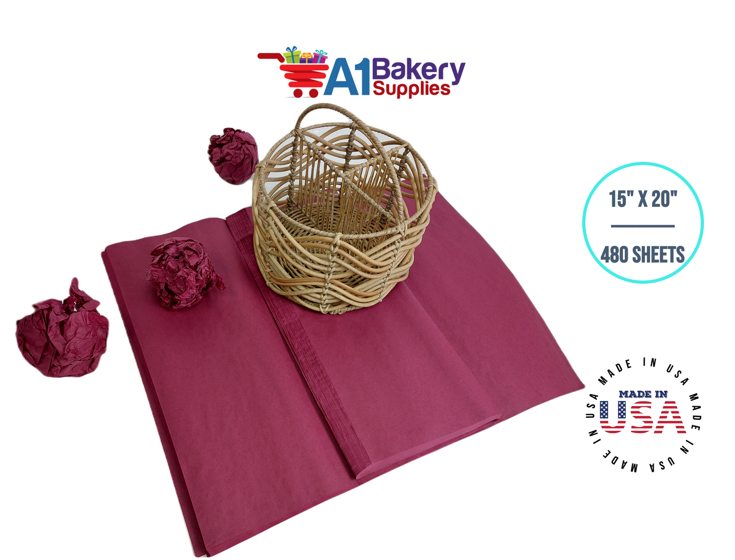 Burgundy Tissue Paper Squares, Bulk 480 Sheets, Premium Gift Wrap and Art Supplies for Birthdays, Holidays, or Presents by A1BakerySupplies, Large 15 Inch x 20 Inch