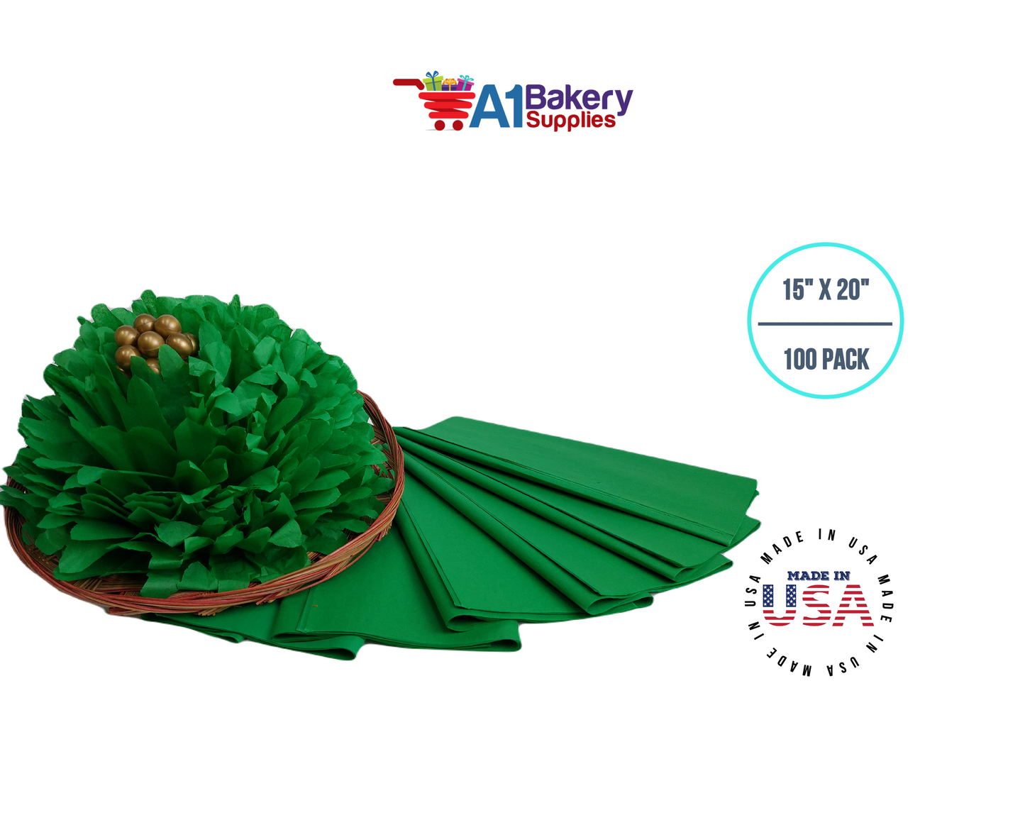 Kelly Green Tissue Paper Squares, Bulk 100 Sheets, Premium Gift Wrap and Art Supplies for Birthdays, Holidays, or Presents by A1BakerySupplies, Large 15 Inch x 20 Inch