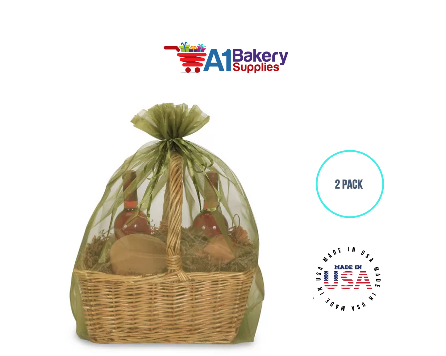 Moss Organza Fabric Gift Bags – Pack of 2 with Size 22.5 x 25 inch by A1 Bakery Supplies