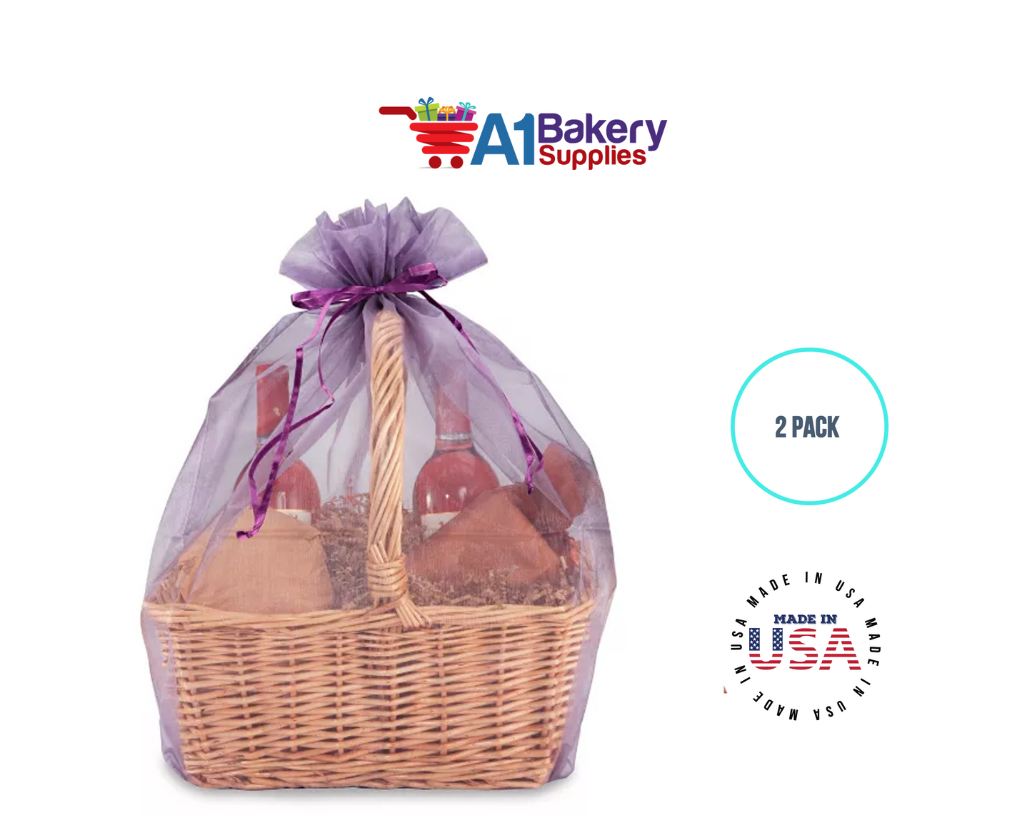 Purple Organza Fabric Gift Bags – Pack of 2 with Size 22.5 x 25 inch by A1 Bakery Supplies