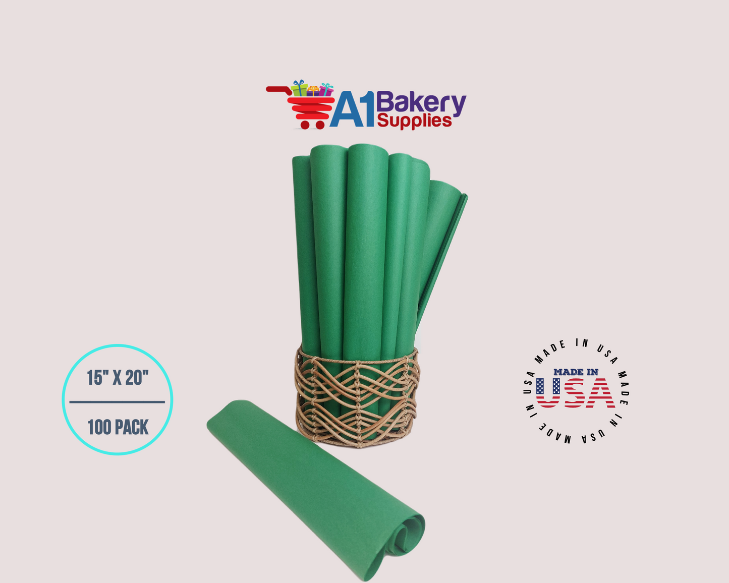 Festive Gren Tissue Paper Squares, Bulk 100 Sheets, Premium Gift Wrap and Art Supplies for Birthdays, Holidays, or Presents by A1BakerySupplies, Large 15 Inch x 20 Inch