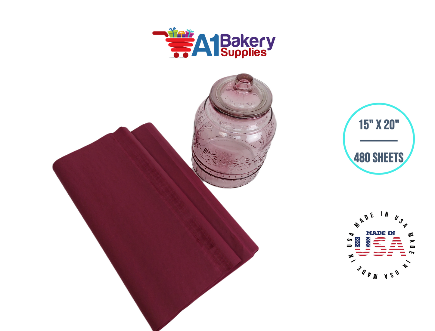 Burgundy Tissue Paper Squares, Bulk 480 Sheets, Premium Gift Wrap and Art Supplies for Birthdays, Holidays, or Presents by A1BakerySupplies, Large 15 Inch x 20 Inch