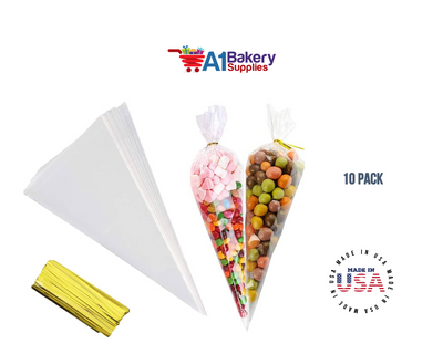 Clear Cellophane Cone Bags for Treat & Favor 6 Inch X 10 Inch 10 Pack by A1 Bakery Supplies