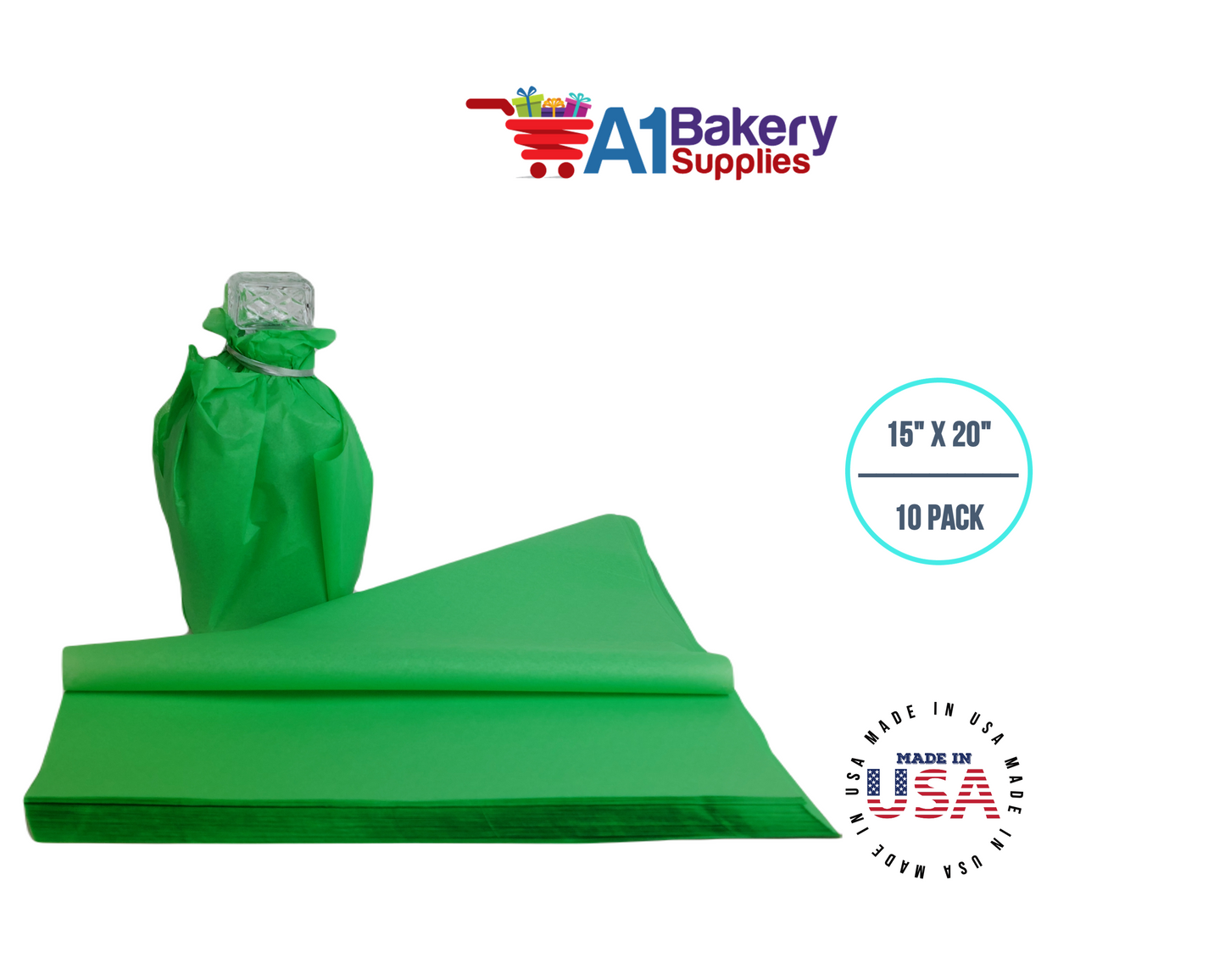 Groovy Green  Tissue Paper Squares, Bulk 10 Sheets, Premium Gift Wrap and Art Supplies for Birthdays, Holidays, or Presents by A1BakerySupplies, small 15 Inch x 20 Inch