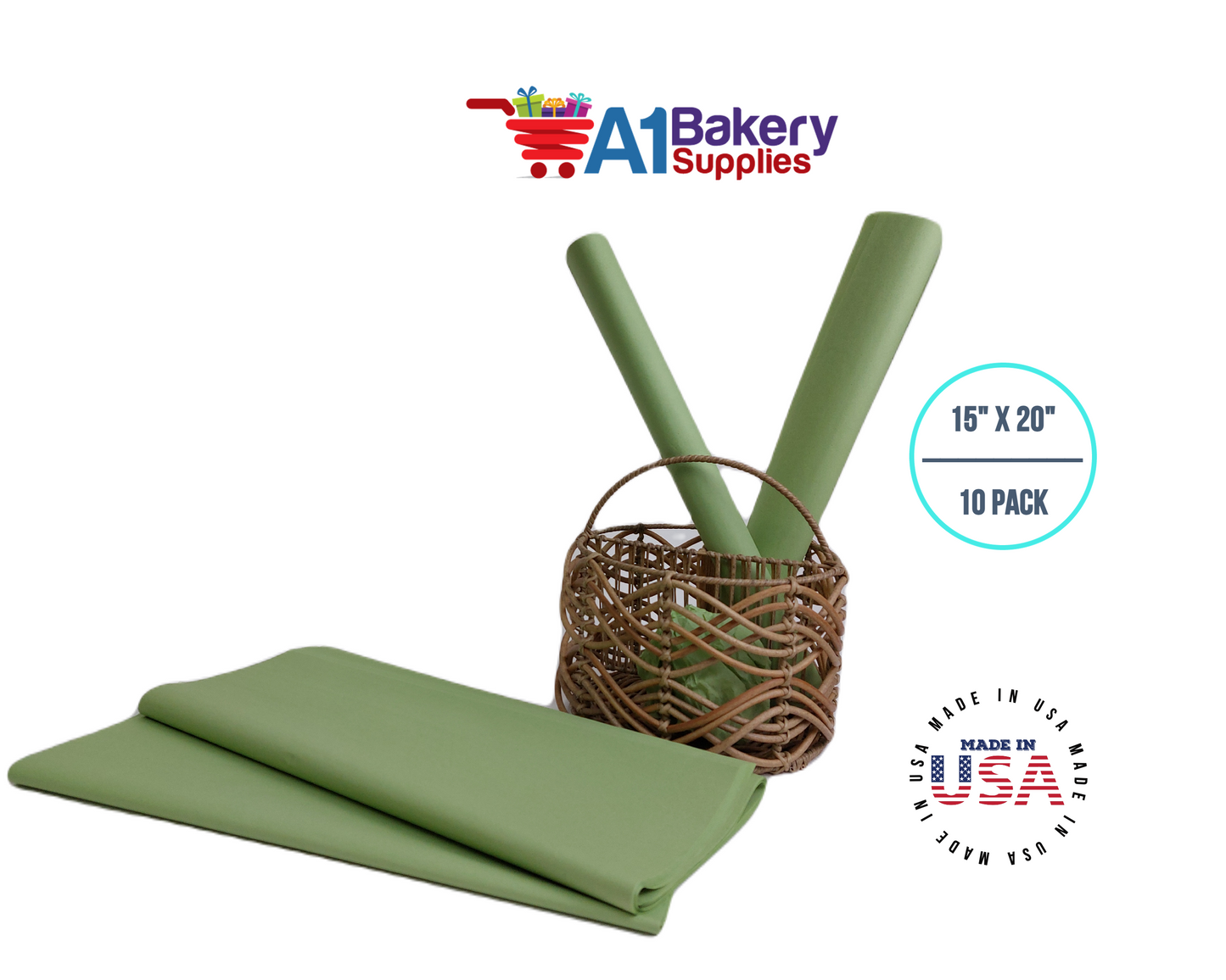 Sage Tissue Paper Squares, Bulk 10 Sheets, Premium Gift Wrap and Art Supplies for Birthdays, Holidays, or Presents by A1BakerySupplies, Small 15 Inch x 20 Inch