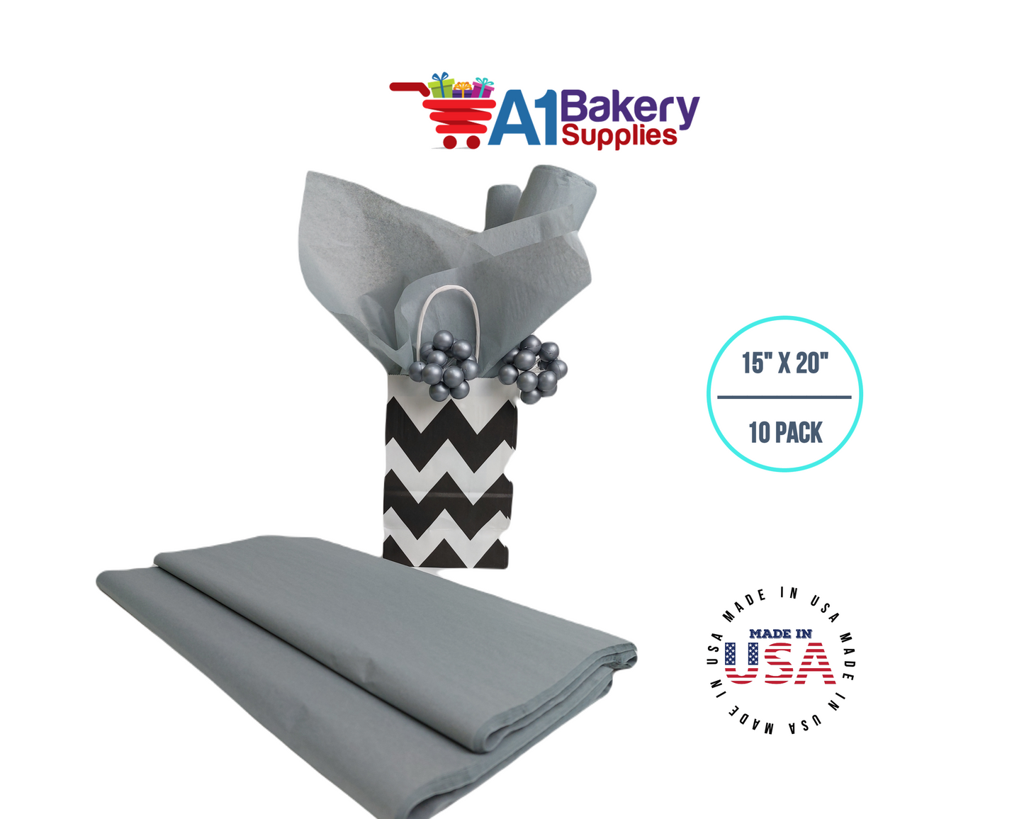 Gray Tissue Paper Squares, Bulk 10 Sheets, Premium Gift Wrap and Art Supplies for Birthdays, Holidays, or Presents by A1BakerySupplies, Small 15 Inch x 20 Inch